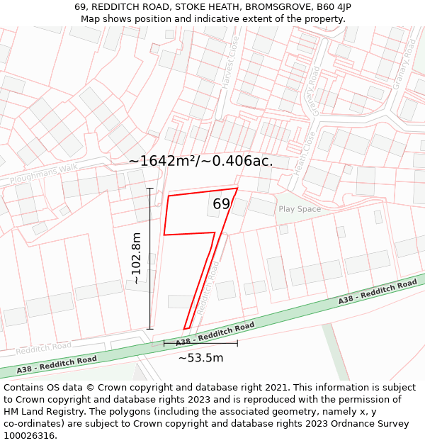 69, REDDITCH ROAD, STOKE HEATH, BROMSGROVE, B60 4JP: Plot and title map