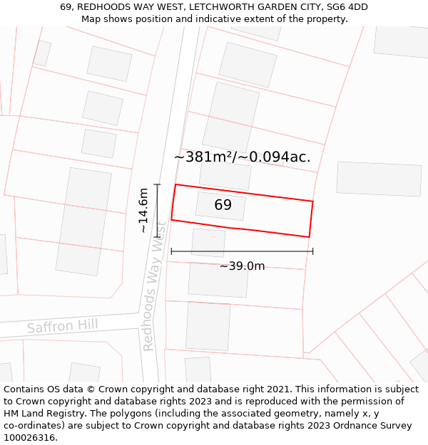 69, REDHOODS WAY WEST, LETCHWORTH GARDEN CITY, SG6 4DD: Plot and title map