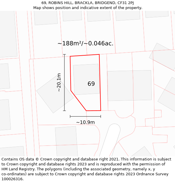 69, ROBINS HILL, BRACKLA, BRIDGEND, CF31 2PJ: Plot and title map