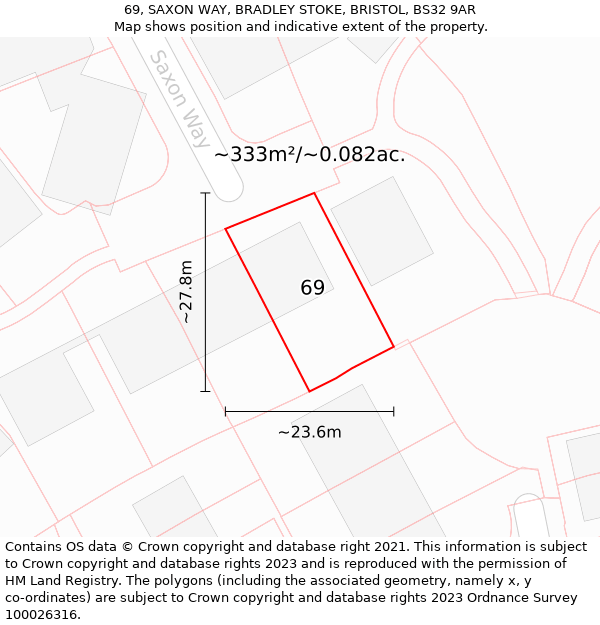 69, SAXON WAY, BRADLEY STOKE, BRISTOL, BS32 9AR: Plot and title map