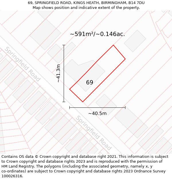 69, SPRINGFIELD ROAD, KINGS HEATH, BIRMINGHAM, B14 7DU: Plot and title map