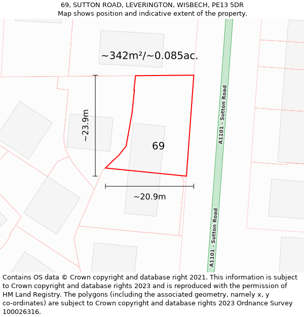 69, SUTTON ROAD, LEVERINGTON, WISBECH, PE13 5DR: Plot and title map