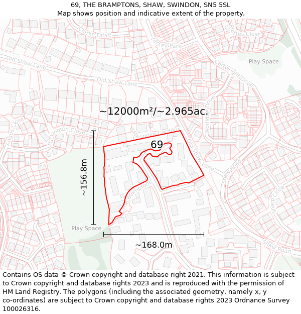 69, THE BRAMPTONS, SHAW, SWINDON, SN5 5SL: Plot and title map