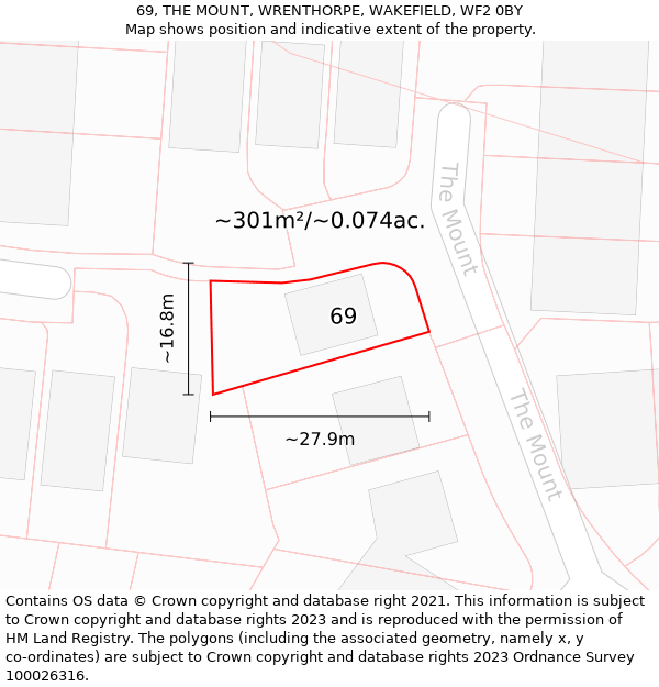 69, THE MOUNT, WRENTHORPE, WAKEFIELD, WF2 0BY: Plot and title map