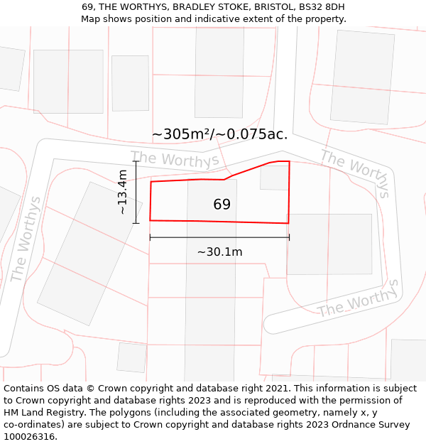 69, THE WORTHYS, BRADLEY STOKE, BRISTOL, BS32 8DH: Plot and title map