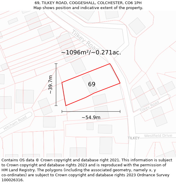 69, TILKEY ROAD, COGGESHALL, COLCHESTER, CO6 1PH: Plot and title map