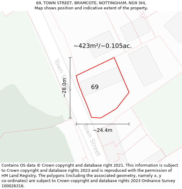 69, TOWN STREET, BRAMCOTE, NOTTINGHAM, NG9 3HL: Plot and title map