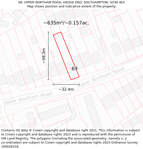 69, UPPER NORTHAM ROAD, HEDGE END, SOUTHAMPTON, SO30 4EA: Plot and title map