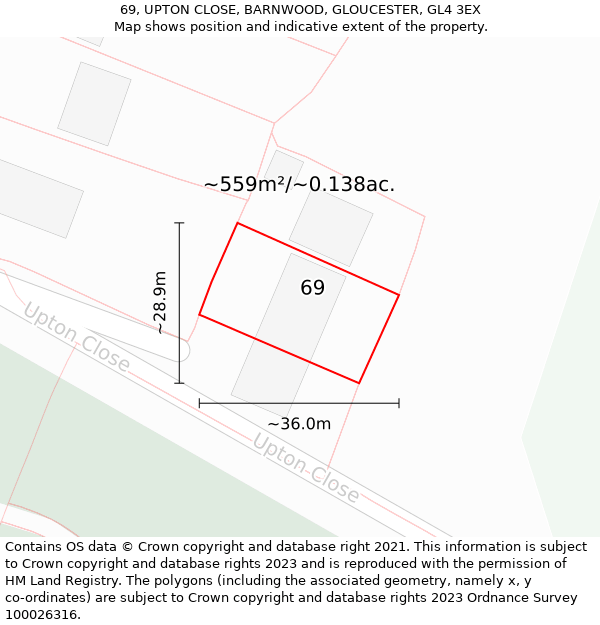 69, UPTON CLOSE, BARNWOOD, GLOUCESTER, GL4 3EX: Plot and title map