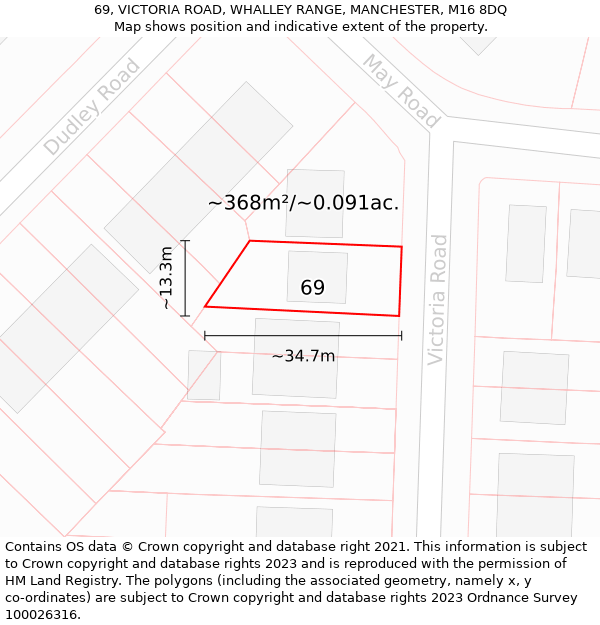 69, VICTORIA ROAD, WHALLEY RANGE, MANCHESTER, M16 8DQ: Plot and title map