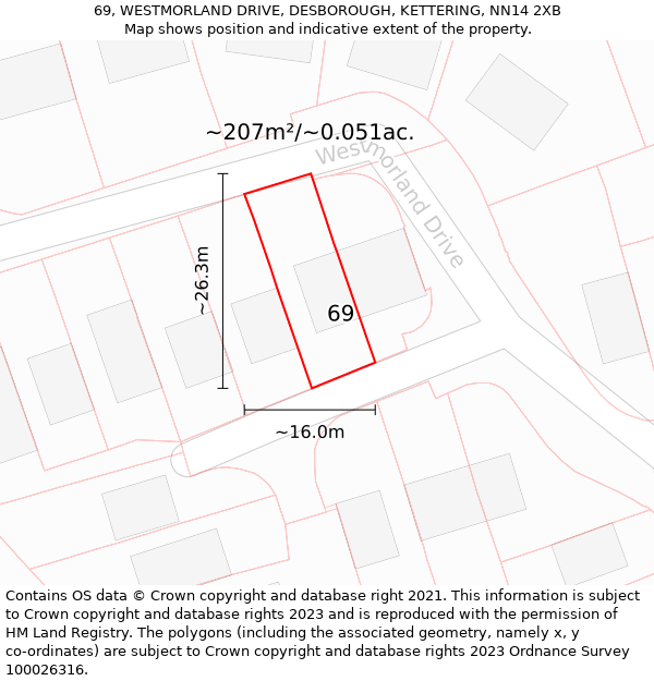 69, WESTMORLAND DRIVE, DESBOROUGH, KETTERING, NN14 2XB: Plot and title map