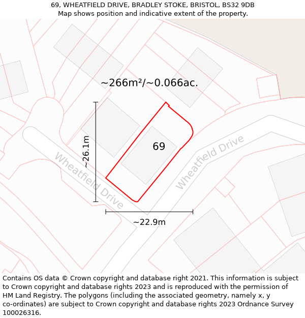 69, WHEATFIELD DRIVE, BRADLEY STOKE, BRISTOL, BS32 9DB: Plot and title map