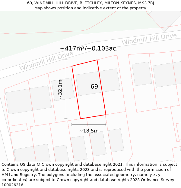 69, WINDMILL HILL DRIVE, BLETCHLEY, MILTON KEYNES, MK3 7RJ: Plot and title map