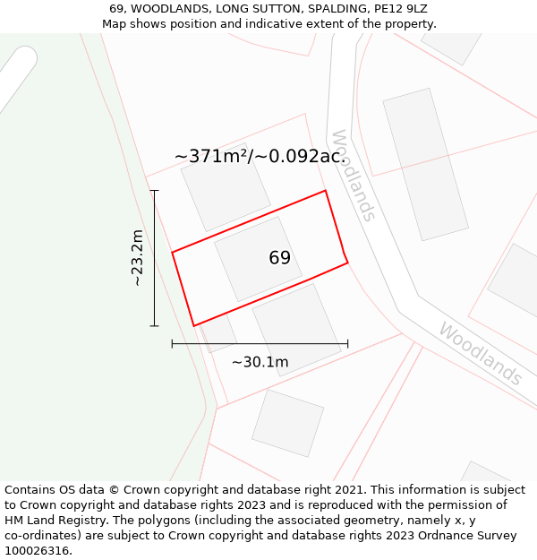 69, WOODLANDS, LONG SUTTON, SPALDING, PE12 9LZ: Plot and title map