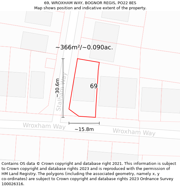 69, WROXHAM WAY, BOGNOR REGIS, PO22 8ES: Plot and title map