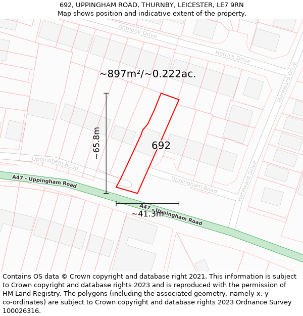 692, UPPINGHAM ROAD, THURNBY, LEICESTER, LE7 9RN: Plot and title map