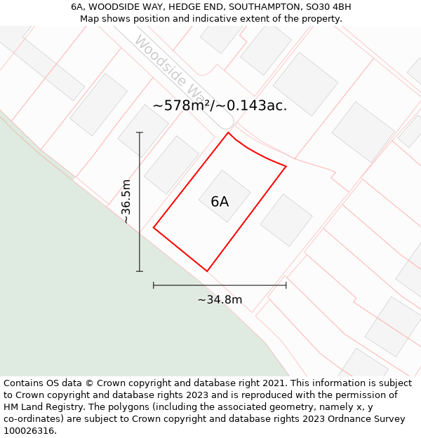 6A, WOODSIDE WAY, HEDGE END, SOUTHAMPTON, SO30 4BH: Plot and title map