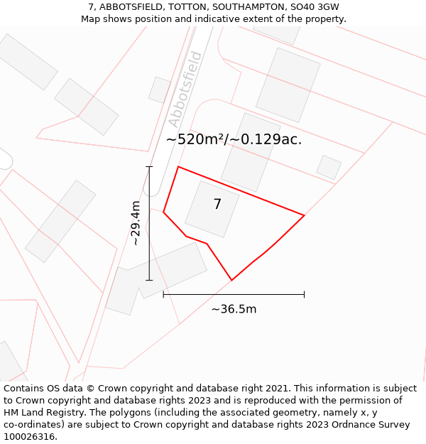 7, ABBOTSFIELD, TOTTON, SOUTHAMPTON, SO40 3GW: Plot and title map