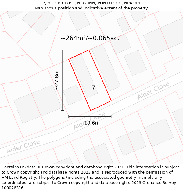 7, ALDER CLOSE, NEW INN, PONTYPOOL, NP4 0DF: Plot and title map