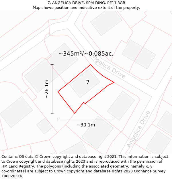 7, ANGELICA DRIVE, SPALDING, PE11 3GB: Plot and title map