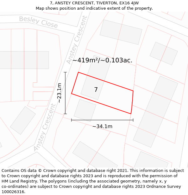 7, ANSTEY CRESCENT, TIVERTON, EX16 4JW: Plot and title map