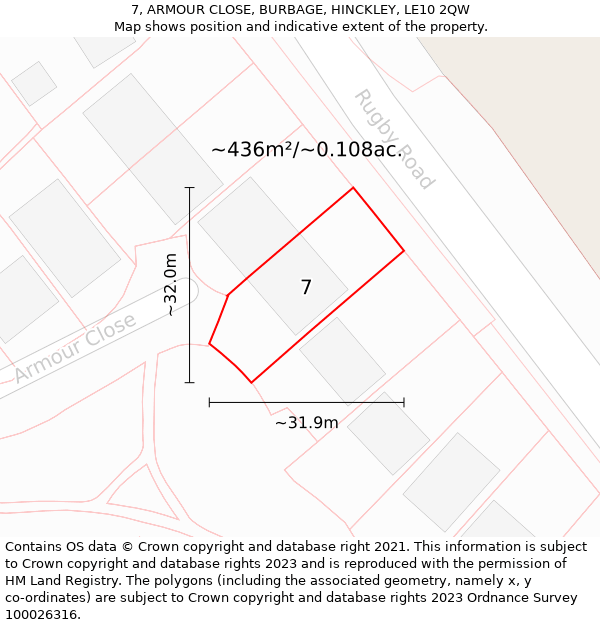 7, ARMOUR CLOSE, BURBAGE, HINCKLEY, LE10 2QW: Plot and title map