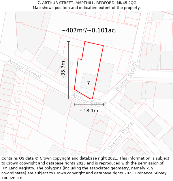 7, ARTHUR STREET, AMPTHILL, BEDFORD, MK45 2QG: Plot and title map