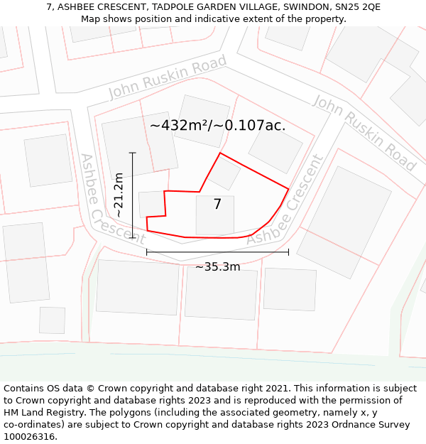 7, ASHBEE CRESCENT, TADPOLE GARDEN VILLAGE, SWINDON, SN25 2QE: Plot and title map