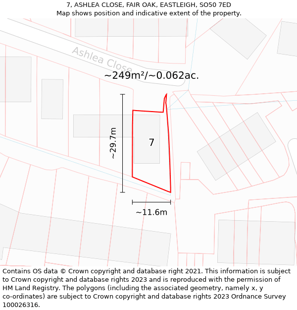 7, ASHLEA CLOSE, FAIR OAK, EASTLEIGH, SO50 7ED: Plot and title map