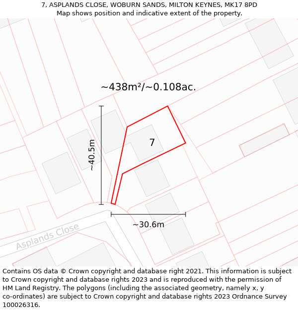 7, ASPLANDS CLOSE, WOBURN SANDS, MILTON KEYNES, MK17 8PD: Plot and title map