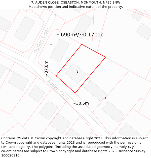 7, AUDEN CLOSE, OSBASTON, MONMOUTH, NP25 3NW: Plot and title map