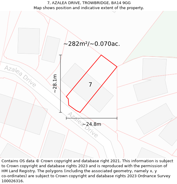 7, AZALEA DRIVE, TROWBRIDGE, BA14 9GG: Plot and title map