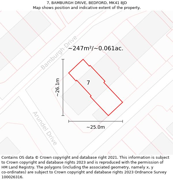 7, BAMBURGH DRIVE, BEDFORD, MK41 8JD: Plot and title map