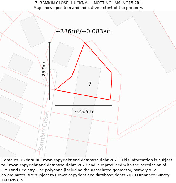 7, BAMKIN CLOSE, HUCKNALL, NOTTINGHAM, NG15 7RL: Plot and title map