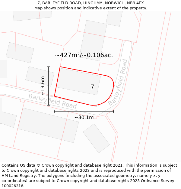 7, BARLEYFIELD ROAD, HINGHAM, NORWICH, NR9 4EX: Plot and title map