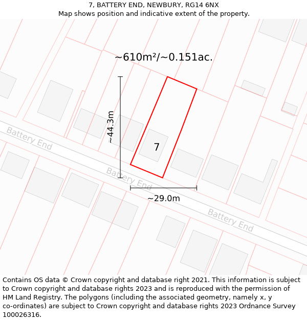 7, BATTERY END, NEWBURY, RG14 6NX: Plot and title map