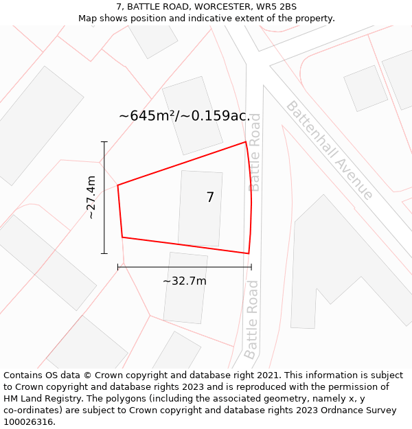 7, BATTLE ROAD, WORCESTER, WR5 2BS: Plot and title map