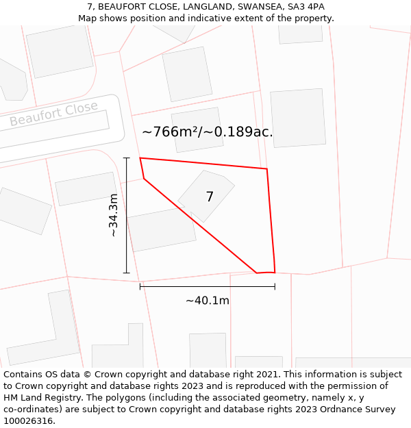 7, BEAUFORT CLOSE, LANGLAND, SWANSEA, SA3 4PA: Plot and title map