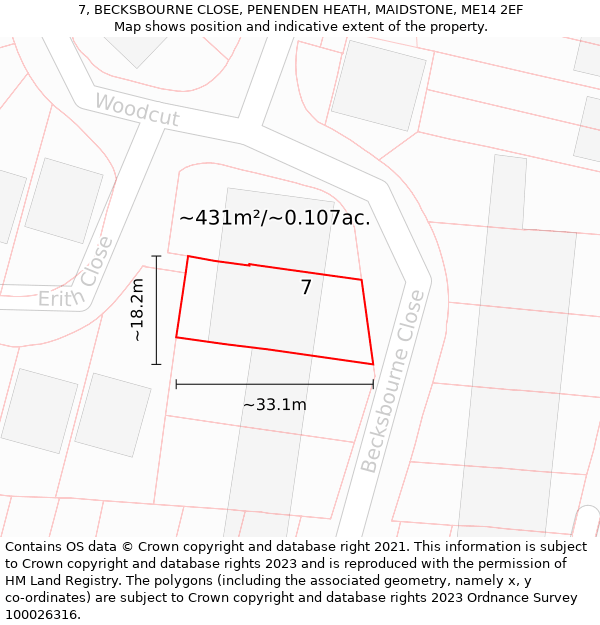 7, BECKSBOURNE CLOSE, PENENDEN HEATH, MAIDSTONE, ME14 2EF: Plot and title map