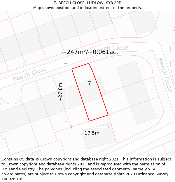 7, BEECH CLOSE, LUDLOW, SY8 2PD: Plot and title map