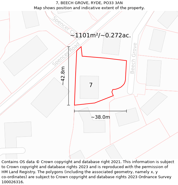 7, BEECH GROVE, RYDE, PO33 3AN: Plot and title map