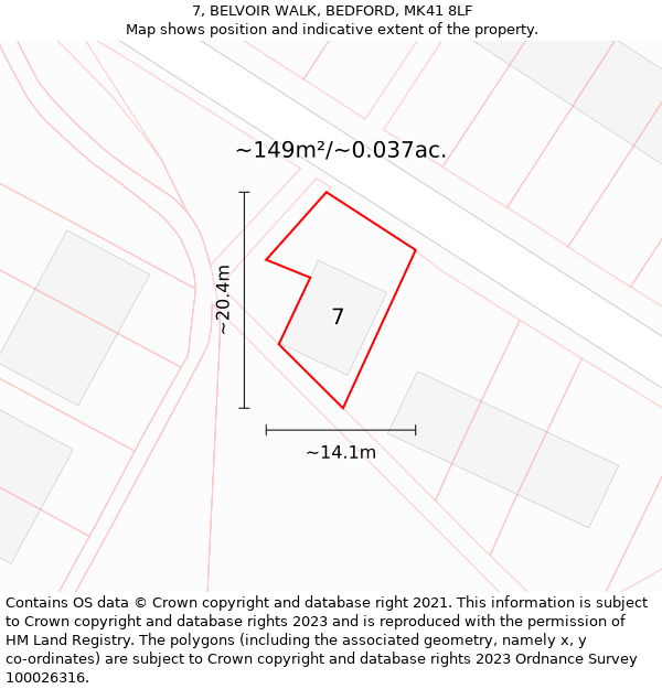 7, BELVOIR WALK, BEDFORD, MK41 8LF: Plot and title map