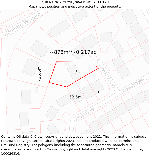 7, BENTINCK CLOSE, SPALDING, PE11 1PU: Plot and title map