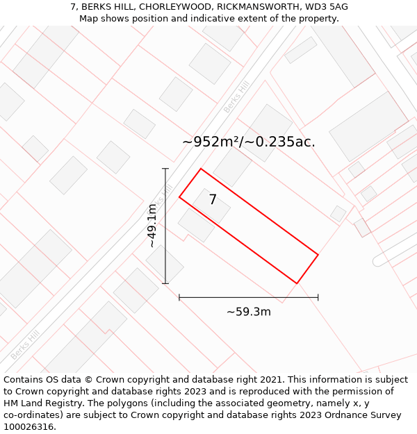 7, BERKS HILL, CHORLEYWOOD, RICKMANSWORTH, WD3 5AG: Plot and title map