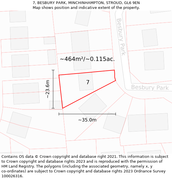 7, BESBURY PARK, MINCHINHAMPTON, STROUD, GL6 9EN: Plot and title map