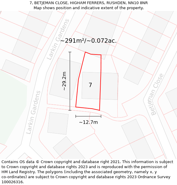 7, BETJEMAN CLOSE, HIGHAM FERRERS, RUSHDEN, NN10 8NR: Plot and title map