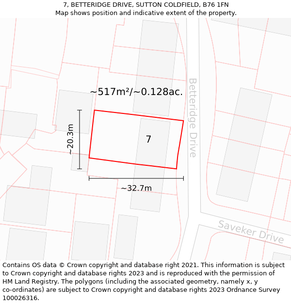 7, BETTERIDGE DRIVE, SUTTON COLDFIELD, B76 1FN: Plot and title map