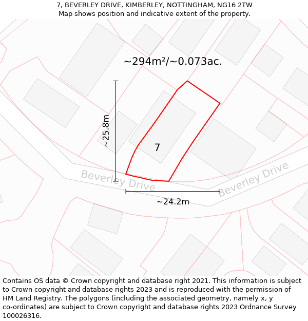 7, BEVERLEY DRIVE, KIMBERLEY, NOTTINGHAM, NG16 2TW: Plot and title map