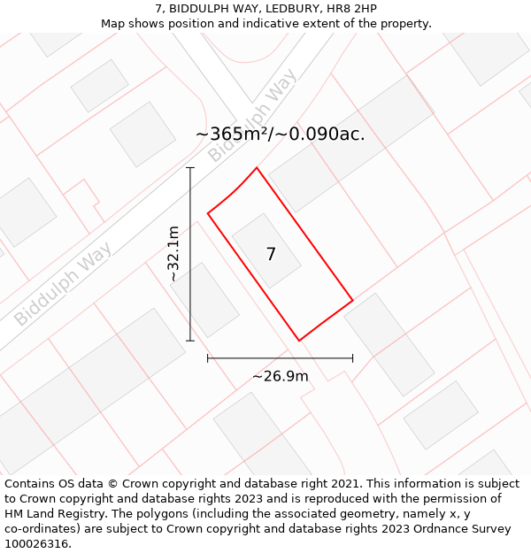 7, BIDDULPH WAY, LEDBURY, HR8 2HP: Plot and title map