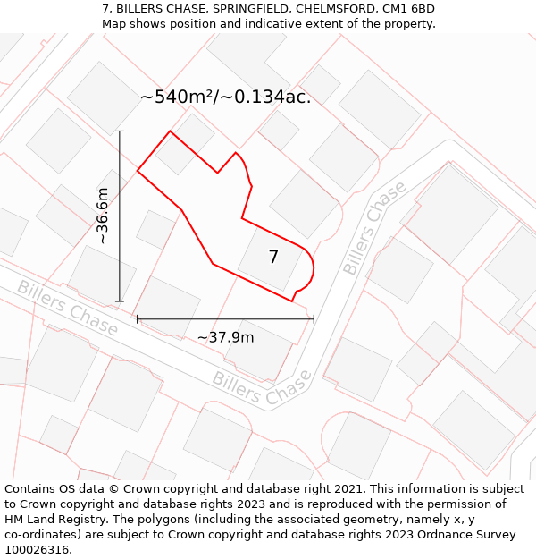 7, BILLERS CHASE, SPRINGFIELD, CHELMSFORD, CM1 6BD: Plot and title map